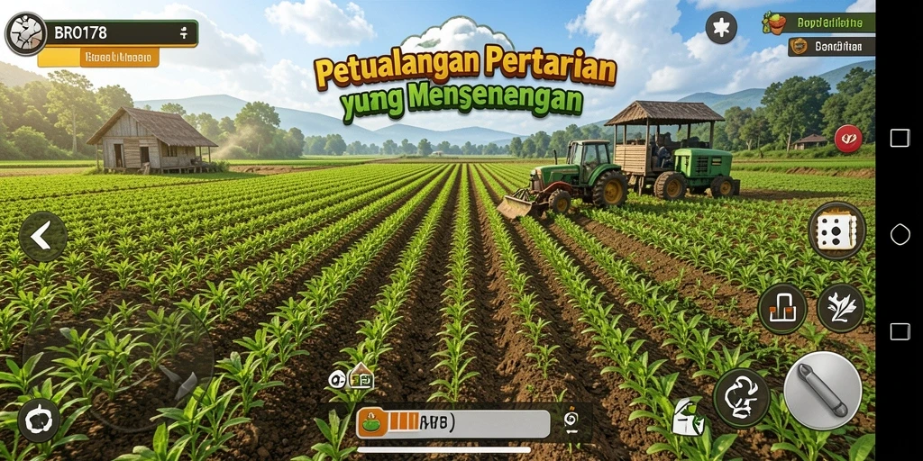 Screenshot utama BRO178 menampilkan kebun pertanian yang indah dan gameplay interaktif.