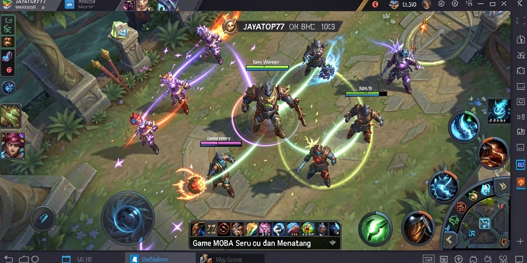 Tampilan screenshot utama gameplay JAYATOP77 menampilkan pertempuran MOBA yang intens.