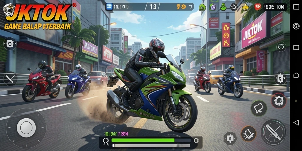 Tampilan gameplay JKTOK yang menegangkan dan menarik saat balapan motor.